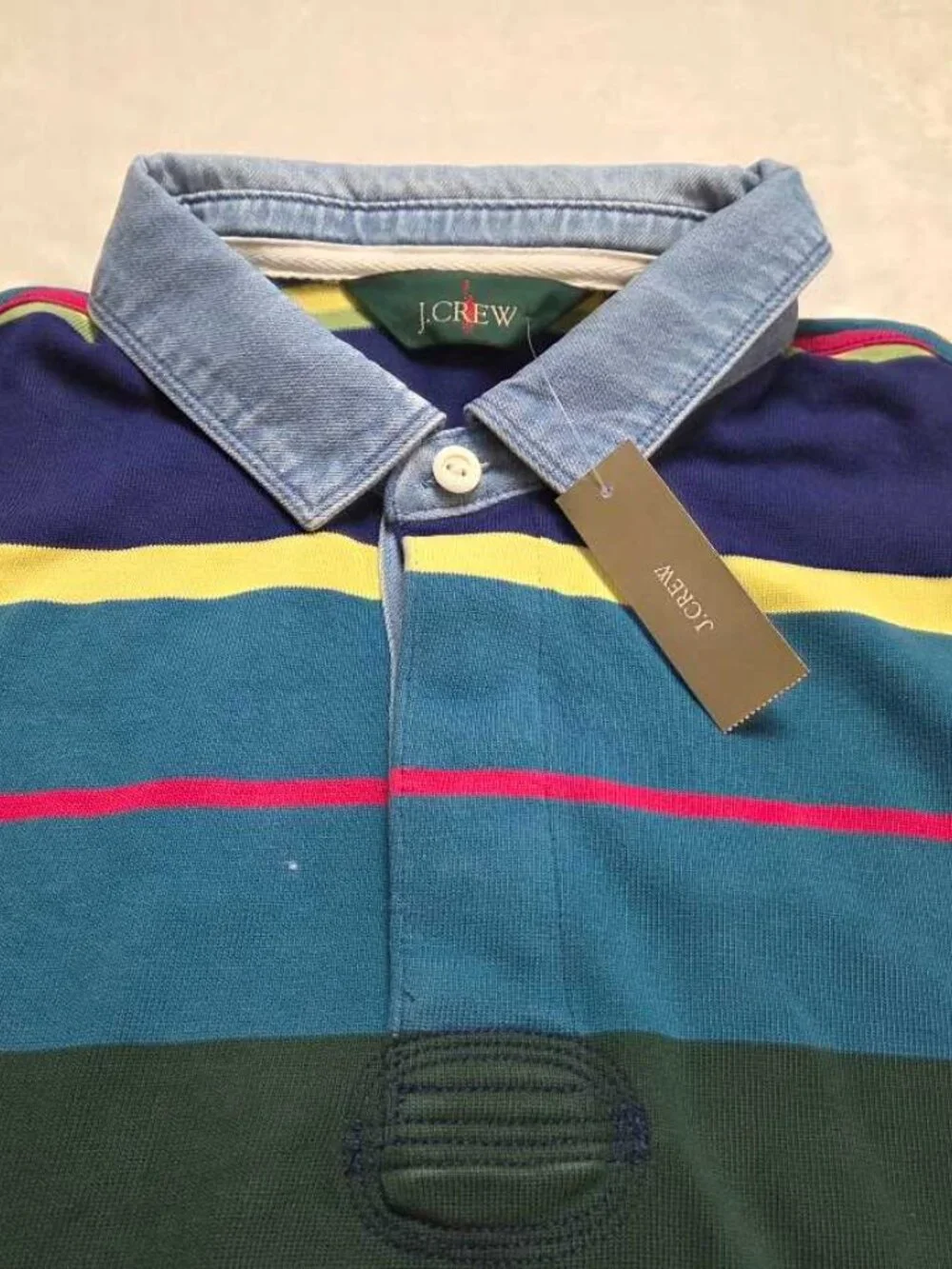 New L J.Crew Rugby longsleeve polo shirt in stripe with denim collar